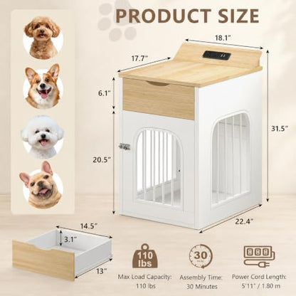 Dog Crate Furniture with Drawer and Charging Station, White, view 3