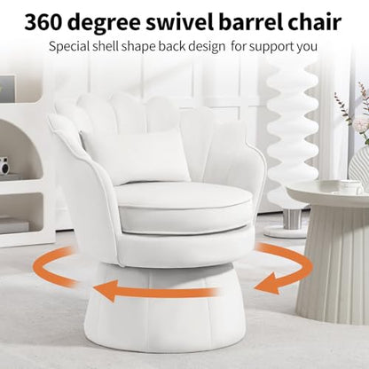 360° Swivel Accent Chair, Mid-Century Modern Velvet Barrel Chair, Comfy Shell Shape Arm Chair with Lumbar Pillow for Living Room, Bedroom, Office, White