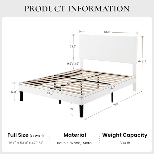 Boucle Upholstered Full Size Bed Frame, White, view 3