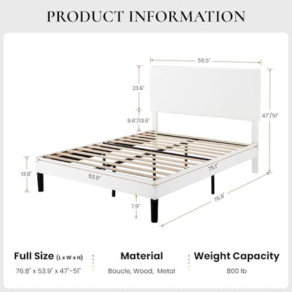 Boucle Upholstered Full Size Bed Frame, White, view 3