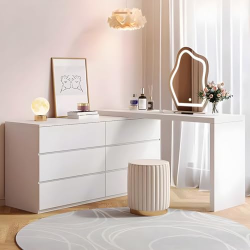LAKIQ Modern White Makeup Vanity Desk with 6 Drawers Storage Manufactured Wood Adjustable Vanity Dressing Table for Small Space Without Mirror Stool (Vanity Desk Only, (31.5"+47.2")L x 16"W x 29.5"H)