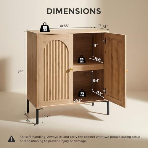 Modern Sideboard Buffet Cabinet, 34" Tall Fluted Arched Buffet Cabinet with Storage and Adjustable Shelves, Wooden Modular Coffee Bar Cabinets for Kitchen, Entryway, Natural