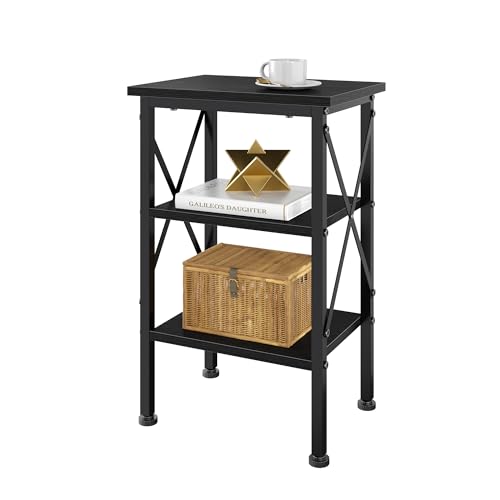 End Table, Bedside Table, 24" Tall Living Room End Tables, X-Design Reinforced Nightstands, Side Table with 3-Tier Storage Shelves for Small Spaces, Office, Bathroom, Bedroom, Classic Black