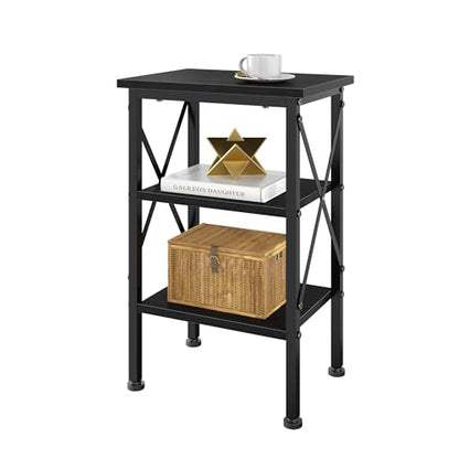 End Table, Bedside Table, 24" Tall Living Room End Tables, X-Design Reinforced Nightstands, Side Table with 3-Tier Storage Shelves for Small Spaces, Office, Bathroom, Bedroom, Classic Black