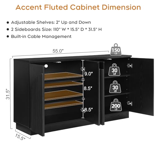 110" Fluted Sideboard Buffet Cabinet with Storage, Credenza, Black, view 3