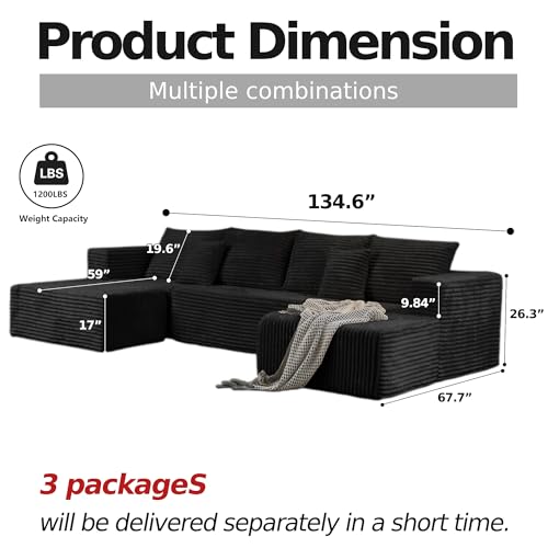 CHORRO134.6''Sectional Boneless Couch for Livingroom,Modular Corduroy Cloud Couch, U-Shaped Sofa with Chaise and Pillows,4-Deep Seat Sectional Sofa with 1 Ottoman,(Black,Left Chaise)