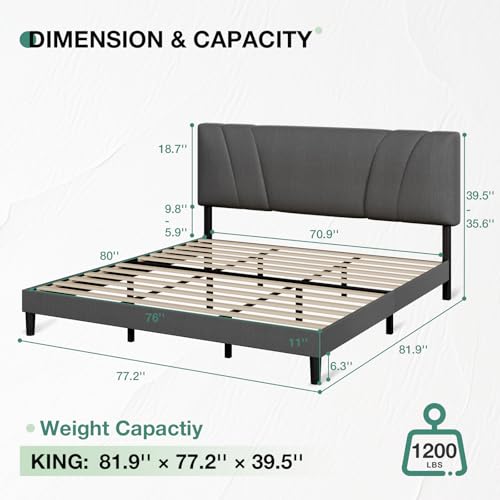 Linen Upholstered King Bed Frame with Wood Slats and Grey Feet, view 3