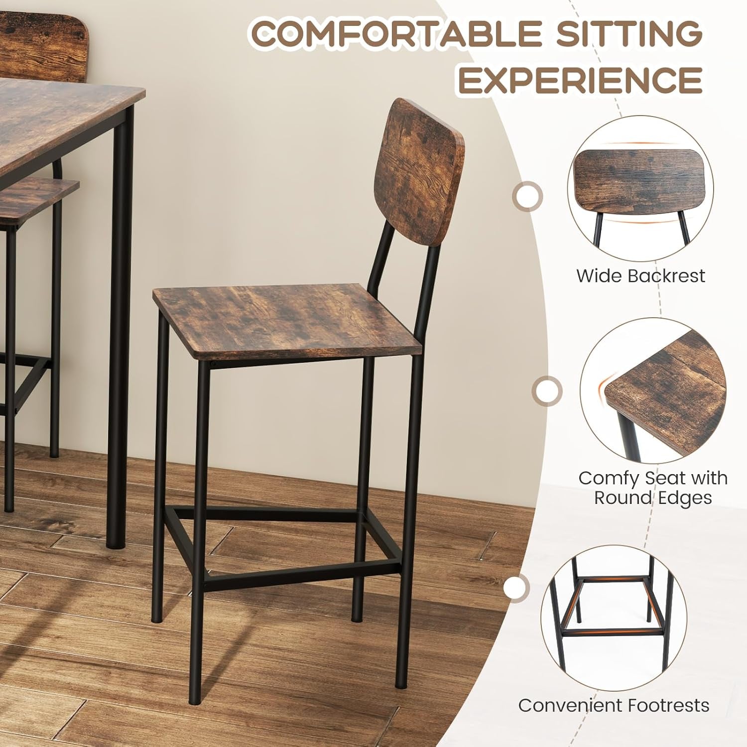 5-Piece Dining Table Set W/Counter Height Table & 4 Bar Stools, Industrial Kitchen Dining Set W/Footrest & Backrest, Space-Saving Dinette Set for Pub, Dining Room, Restaurant (Mix Brown)