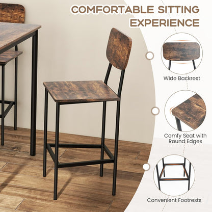 5-Piece Dining Table Set W/Counter Height Table & 4 Bar Stools, Industrial Kitchen Dining Set W/Footrest & Backrest, Space-Saving Dinette Set for Pub, Dining Room, Restaurant (Mix Brown)