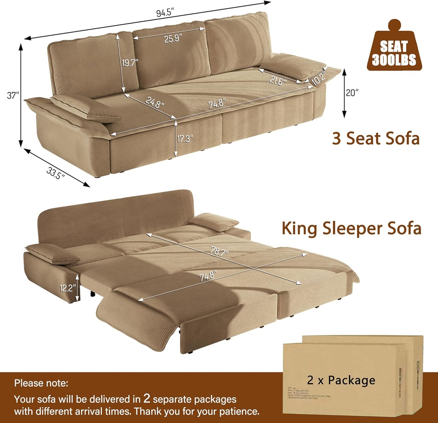 94.5" Pull Out Couch King Size, Futon Sofa Bed, 3-In-1 Convertible Sleeper Sofa Bed with Cushion Armrest, Modern Corduroy Loveseat Couches for Living Room, Small Space, Apartment, Camel
