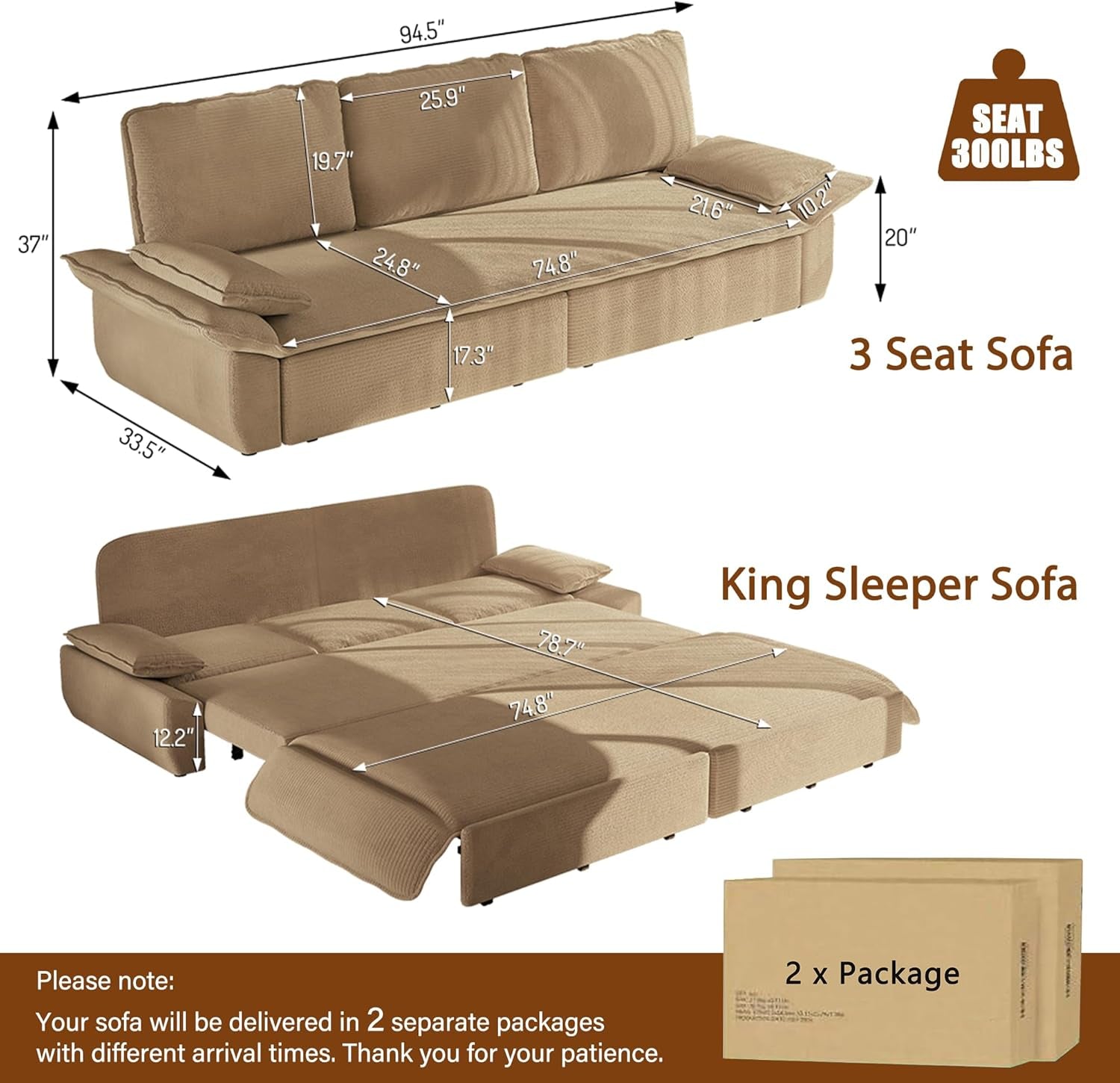 94.5" Pull Out Couch King Size, Futon Sofa Bed, 3-In-1 Convertible Sleeper Sofa Bed with Cushion Armrest, Modern Corduroy Loveseat Couches for Living Room, Small Space, Apartment, Camel