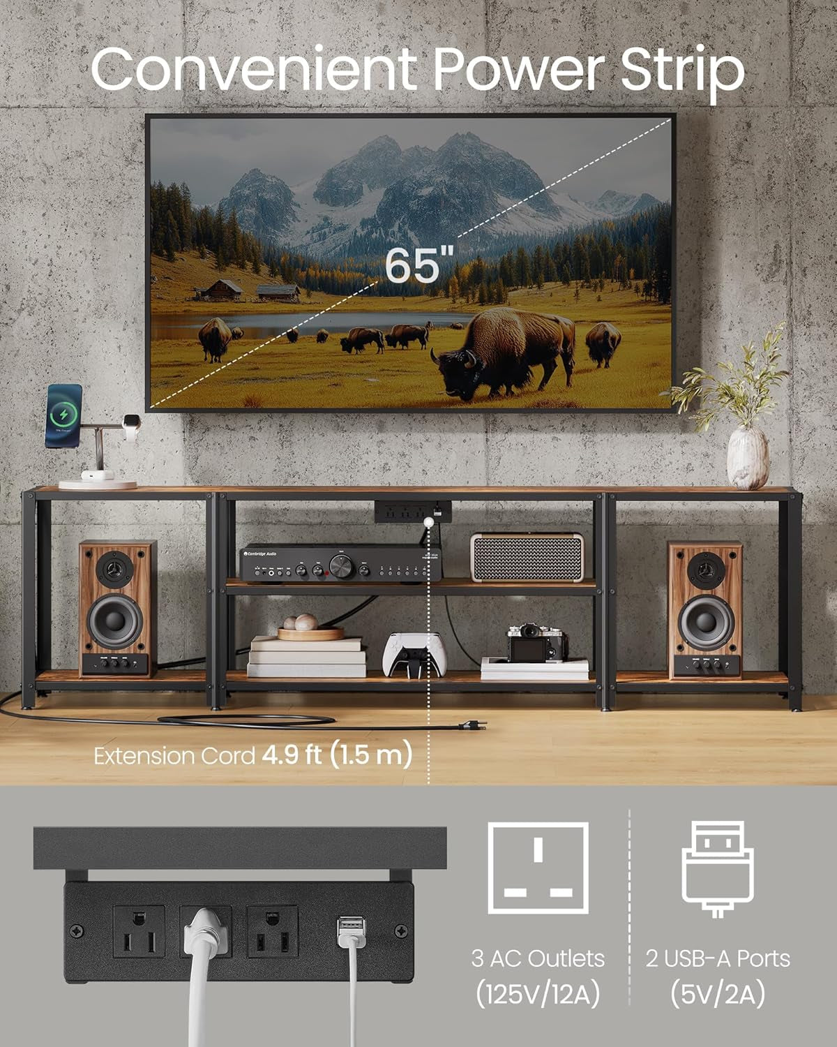 TV Stand with Power Outlets and LED Lights, for Tvs up to 75 Inches, Entertainment Center with Open Storage Shelves, Console Table for Living Room, Rustic Brown and Ink Black ULTV122K01