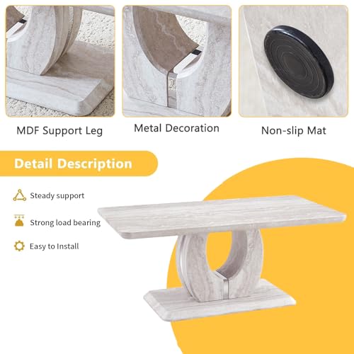 43" Modern Minimalist Faux Travertine Coffee Table with Sculptural Pedestal Base, Rectangular MDF Center Table with Metallic Silver Accent, Contemporary Living Room Table, Easy Assembly