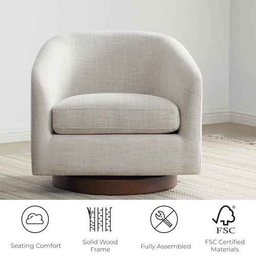 CHITA Swivel Accent Chair, FSC Certified Wood Frame, Fully Assembled, Ivory | Fabric Barrel Arm Chair with 360° Swivel Solid Wood Base, Mid Century Modern Living Room Chair, 31"x31"x28", 350 Lb Capacity