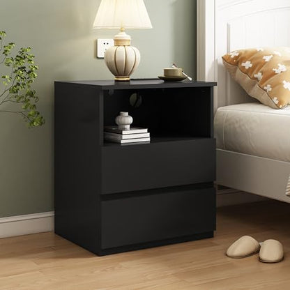 (Set of 2) End Table with Fast USB C Charging Station, Sofa Side Table with 2 Drawers, Large Storage Modern Wood Storage Cabinet for Living Room,Bedroom,Office, Black