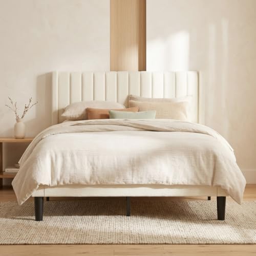 Queen Modern Upholstered Platform Bed Frame with Headboard, Beige, view 2