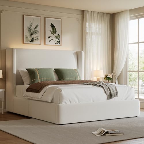 Queen Size Upholstered Bed Frame with 47" Wingback Headboard & LED Lights, view 2