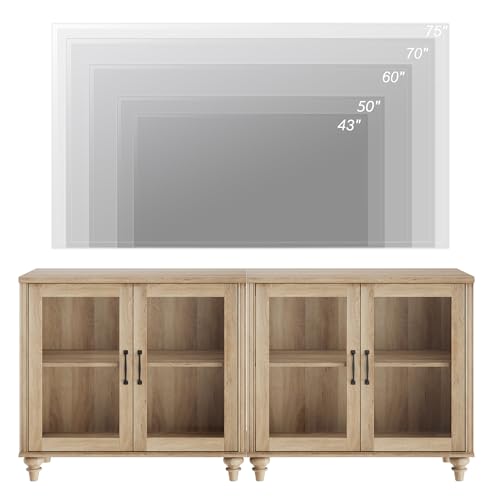Farmhouse TV Stand for 75 inch TV with 4 Glass Doors, Wood Universal TV Stand with 4 Storage Cabinets, Oak Entertainment Center TV Console Table for Living Room, Bedroom