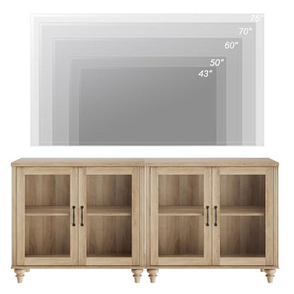 Farmhouse TV Stand for 75 inch TV with 4 Glass Doors, Wood Universal TV Stand with 4 Storage Cabinets, Oak Entertainment Center TV Console Table for Living Room, Bedroom