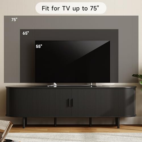 70.8" TV Stand with Power Outlet for TVs up to 75 Inch, Entertainment Center with Storage and Adjustable Shelves, Modern Media Console with Sliding Doors for Living Room, Black