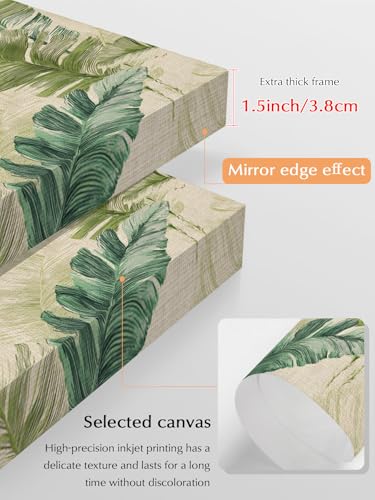 NuYeBiofx Rustic Botanical Palm Leaves Canvas Wall Art Prints,48"x32" Framed Picture Artwork Watercolor Tropical Foliage Linen Printed Canvas Oil Painting for Living Room Bedroom Office,Ready to Hang