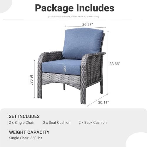 2-Piece Patio Furniture Set, Outdoor Wicker Sofa with Chairs, High Back Rattan Chair with Comfy Cushions for Porch Yard Deck, Denim Blue