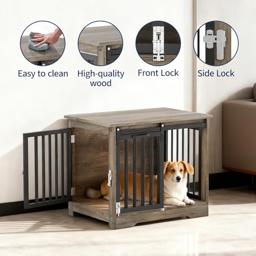 Dog Crate Furniture with Barn Door, Heavy Duty Kennel End Table, Gray Black, view 3