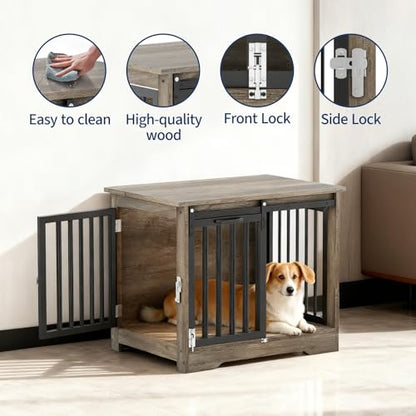 Dog Crate Furniture with Barn Door, Heavy Duty Kennel End Table, Gray Black, view 3