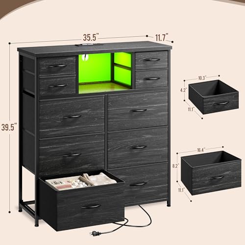 10-Drawer Tall Dresser for Bedroom, LED & Charging Station, Black, view 4