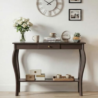 Narrow Console Table with Drawer, Chic Accent Sofa Entryway Table with Shelves for Entryway, Living Room, Hallway, Espresso