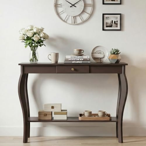 Narrow Console Table with Drawer, Chic Accent Sofa Entryway Table with Shelves for Entryway, Living Room, Hallway, Espresso