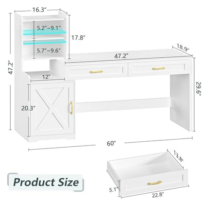60" Computer Desk with Drawers & Bookshelves, Home Office Desk with Storage Cabinet & Spacious Desktop, Writing Gaming Study Table with Bookcase, White