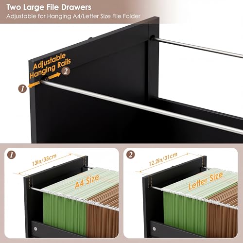 72'' Tall File Bookcase with Power Outlet & Printer Stand, 2 Drawer Filing Cabinets for Home Office Fit Hanging A4 File, Storage Cabinet w/ 3 Tier Open Book Shelf & Doors for Living Room, Black
