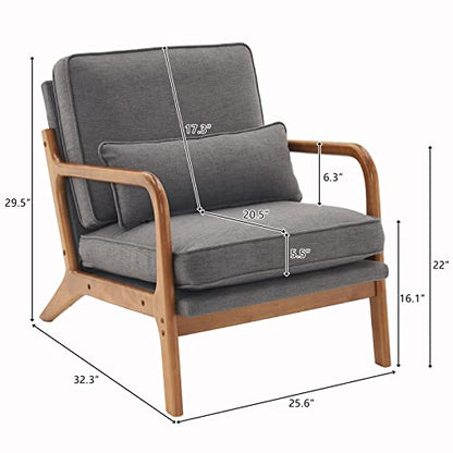 Accent Chair Mid-Century Modern Chair with Pillow Linen Fabric Upholstered Lounge Arm Chair with Solid Wood Frame & Soft Cushion for Living Room, Bedroom, Balcony, Gray