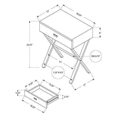 Monarch Specialties Chrome Metal Night Stand Accent Table, 22.00 x 12.00 x 18.00", Glossy White