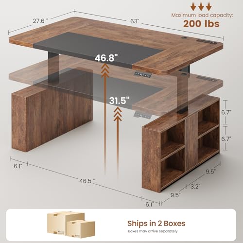 63" Executive Standing Desk with Storage, Executive Height Adjustable Desk with Power Outlets, Large Computer Office Desk with Privacy Panel for Home Office, Warm Golden Brown