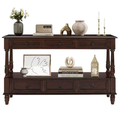 54'' Solid Wood Console Table, Farmhouse Entryway Table with 6 Drawers and Shelf, Narrow Long Sofa Table with Storage for Living Room Hallway, Couch, Foyer (Espresso)