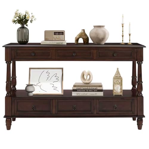 54'' Solid Wood Console Table, Farmhouse Entryway Table with 6 Drawers and Shelf, Narrow Long Sofa Table with Storage for Living Room Hallway, Couch, Foyer (Espresso)
