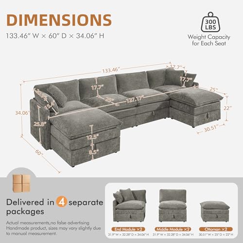 Modular Sectional Sofa with Storage Ottomans,134" U-Shaped Cloud Couch,Comfy Modern Couches with Pillows & Upholstered Deep Seat Cushion for Apartment Living Room Bedroom（Gray）