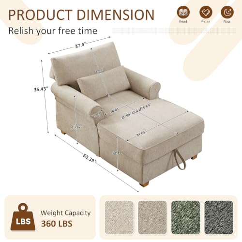 63.39" Oversized Chaise Lounge Chair with Storage, Chenille Beige, view 3