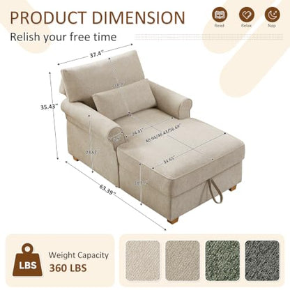 63.39" Oversized Chaise Lounge Chair with Storage, Chenille Beige, view 3