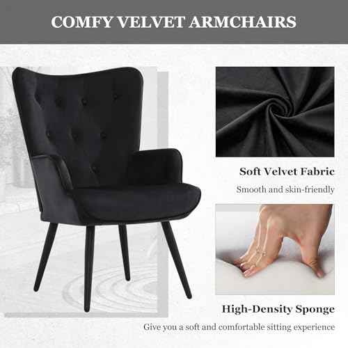 Accent Chairs Set of 2, Black Velvet Reading Armchairs with High Backrest, Wingback Corner Chairs - Mid Century Modern for Living Room, Bedroom, Waiting Room