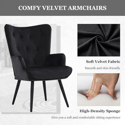 Accent Chairs Set of 2, Black Velvet Reading Armchairs with High Backrest, Wingback Corner Chairs - Mid Century Modern for Living Room, Bedroom, Waiting Room