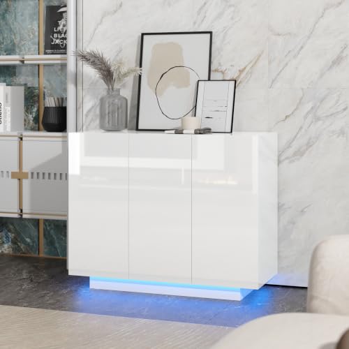 Modern 39.4" High Gloss Buffet Cabinet with LED Lights, White, view 4