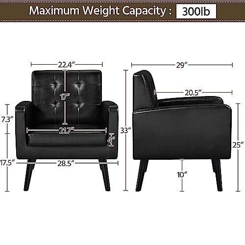 Yaheetech Mid-Century Accent Chairs, PU Leather Modern Upholstered Living Room Chair, Cozy Armchair Button Tufted Back and Wood Legs for Bedroom/Office/Cafe Black