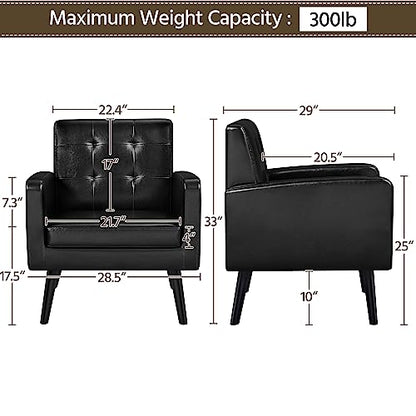 Yaheetech Mid-Century Accent Chairs, PU Leather Modern Upholstered Living Room Chair, Cozy Armchair Button Tufted Back and Wood Legs for Bedroom/Office/Cafe Black