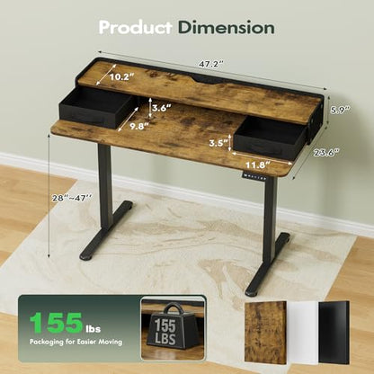 Electric Standing Desk with 2 Drawers, Adjustable Height Computer Desk with Monitor Shelf Sit Stand Table with Splice Board Quick Install for Home Office (Rustic Brown, 48 Inch)