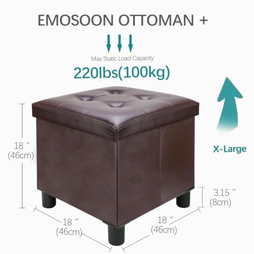 18 Inches Cube Storage Ottoman, Faux Leather Collapsible Square Folding Ottoman Furniture with Storage for Living Room Bedroom, Foot Rest Foot Stool with Legs, Brown 18x18x18 Inches