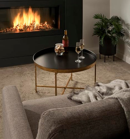 Celia Modern Round Coffee Table; 28 x 28 x 19; Black and Gold; Coffee Table for Living Room Decor; Storage; and Display