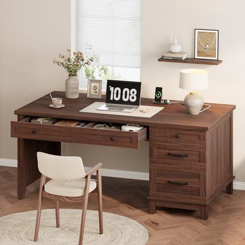 53.5" Executive Desk with Power Outlet, Home Office Desk with Drawers, view 3